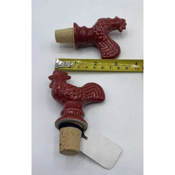 Rooster Wine Bottle Stopper Cork Lot Of 2 Red Ceramic Farmhouse Chicken India - Picture 7 of 11